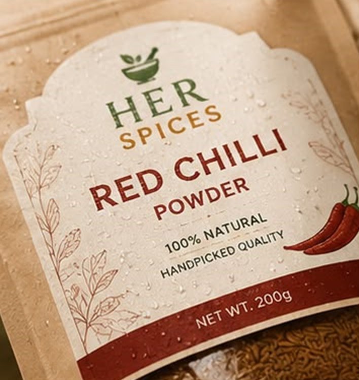 Close-up of the Her Spices red chilli pouch label